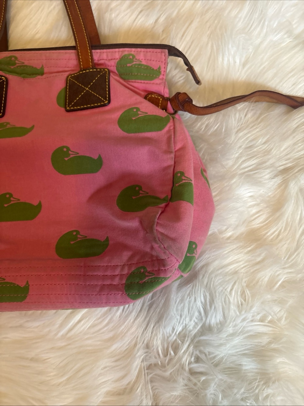 Dooney & Bourke Pink Canvas Tote with Green Duck Motif Brown Leather Trim preppy - Picture 4 of 8
